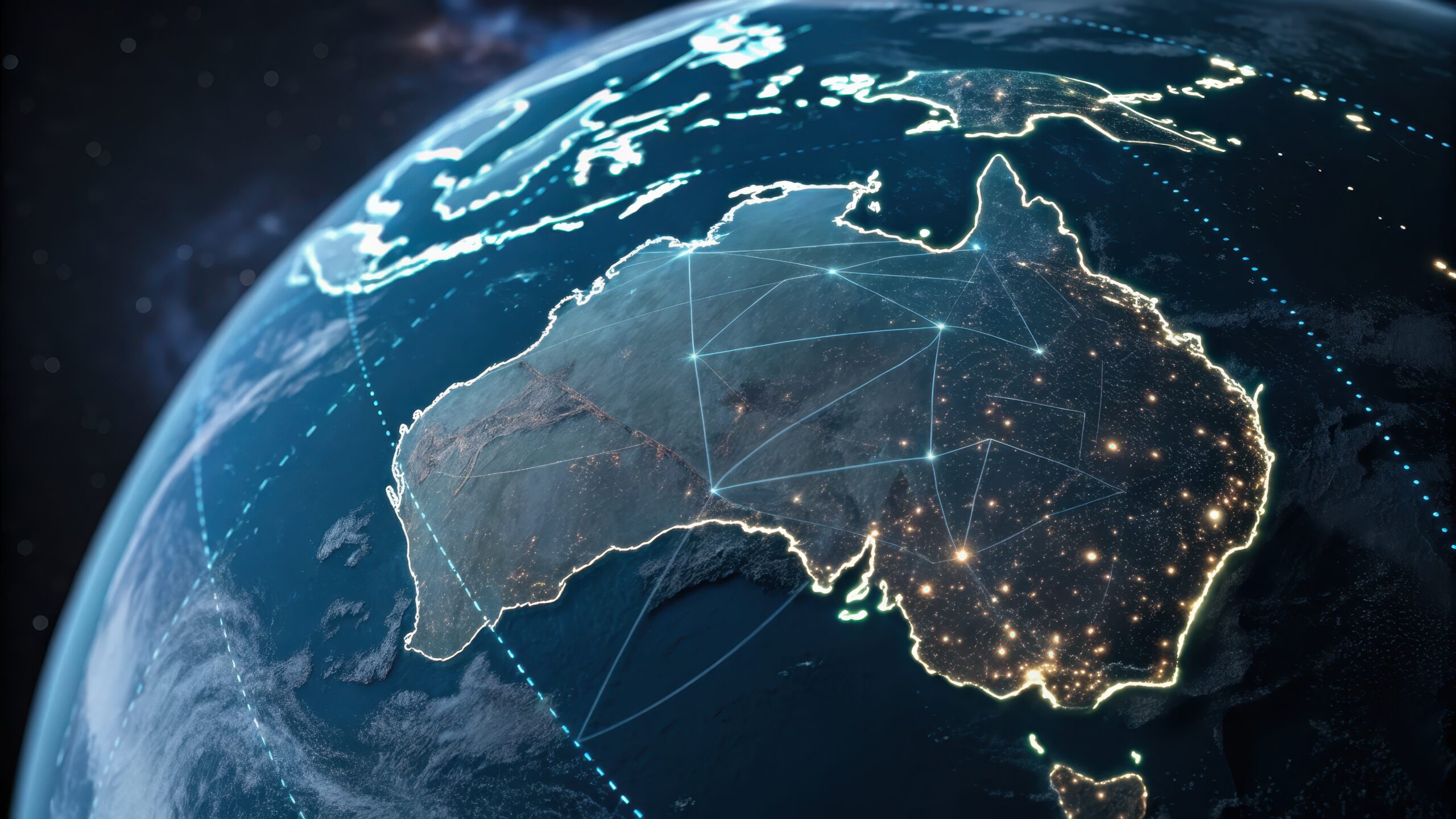 Digital map of Australia from space with data network connections, representing the gap in australian gut microbiome research datasets