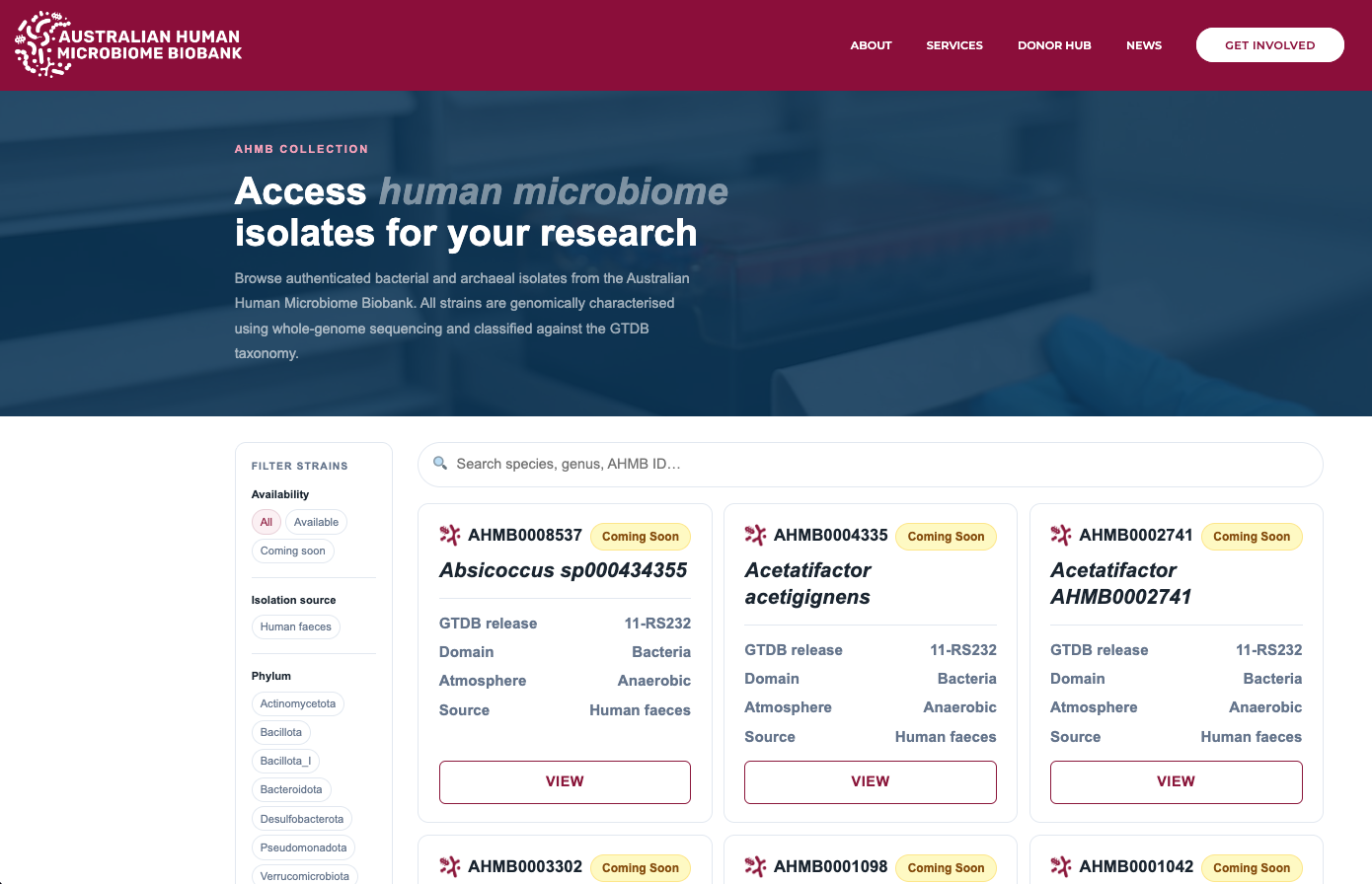 AHMB isolate collection catalogue, filterable by body site and taxonomy